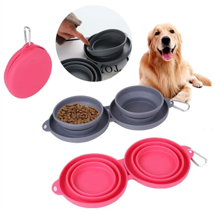Rubber Foldable Double Bowl Pet Feeding Bowl Pets Supplies Dog Cat Bowls - Image 1
